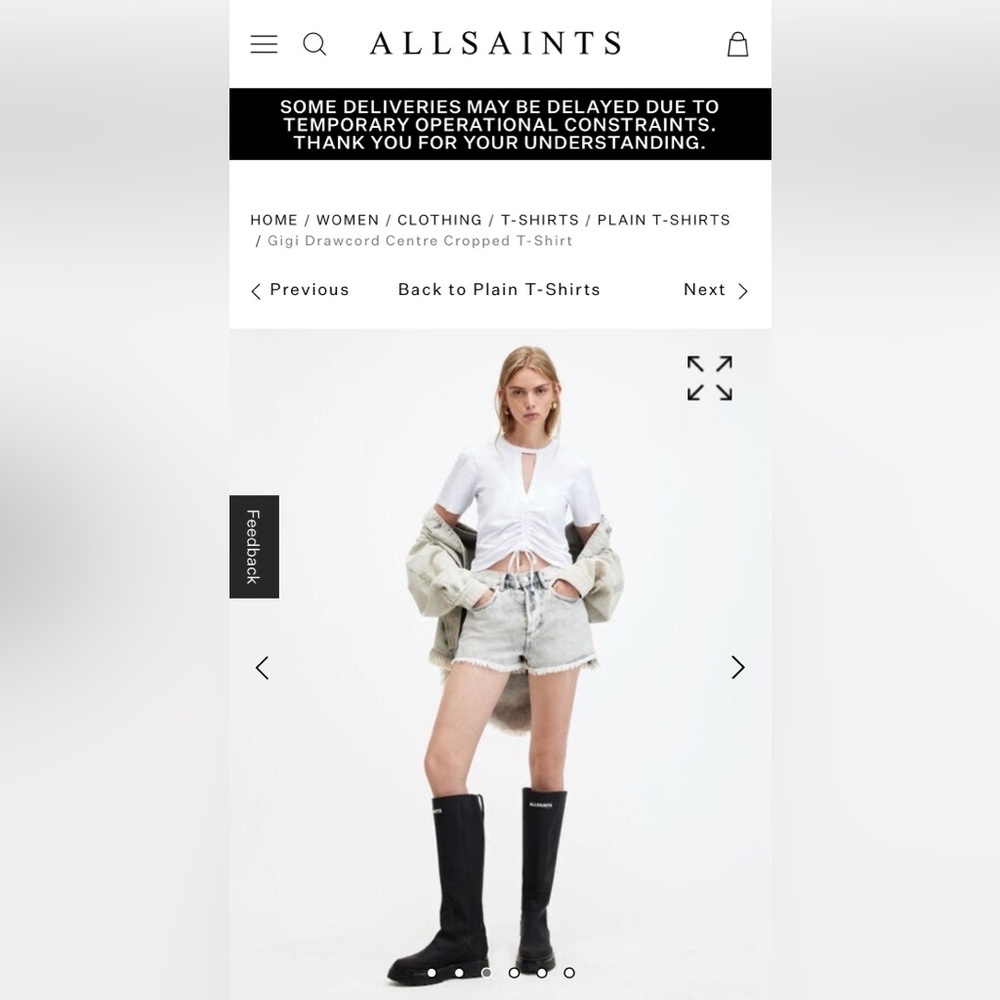 AllSaints Gigi Cut-Out Ruched Drawcord Cropped T-Shirt — Size 4 — White